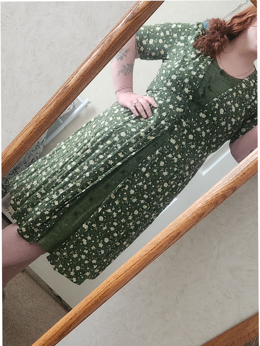 Vintage Green Floral Button Midi Dress